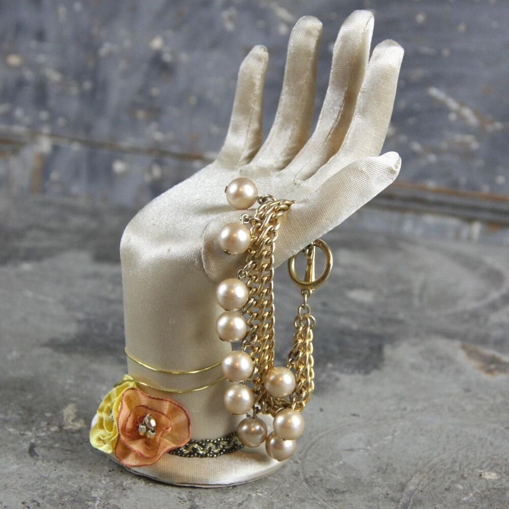 Gold Tone Link Pearl Dangle Bracelet, toggle clasp, unsigned